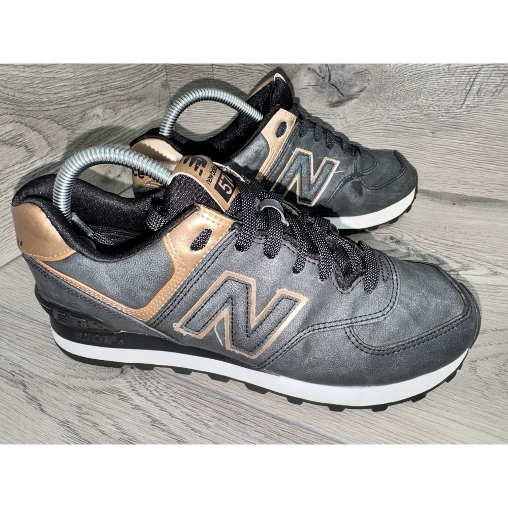 New Balance 574 Sneakers Black Rose Gold Lace Up Leather Women's Size 8